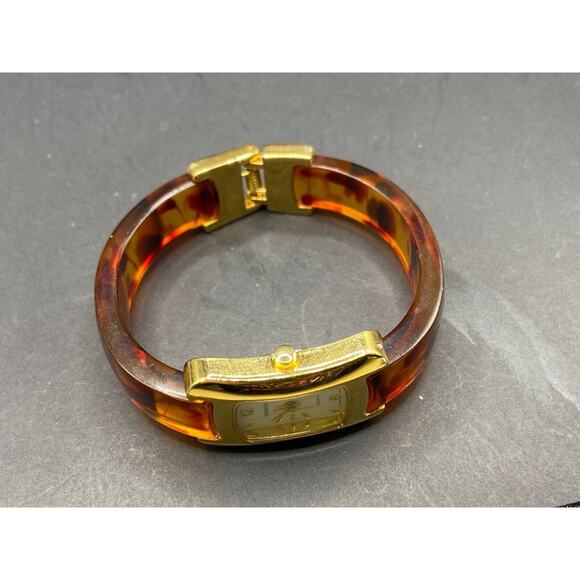 Persona Quartz Watch Women\'s Gold Tone Tortoise Brown Resin Bangle Cuff Bracelet main image 6